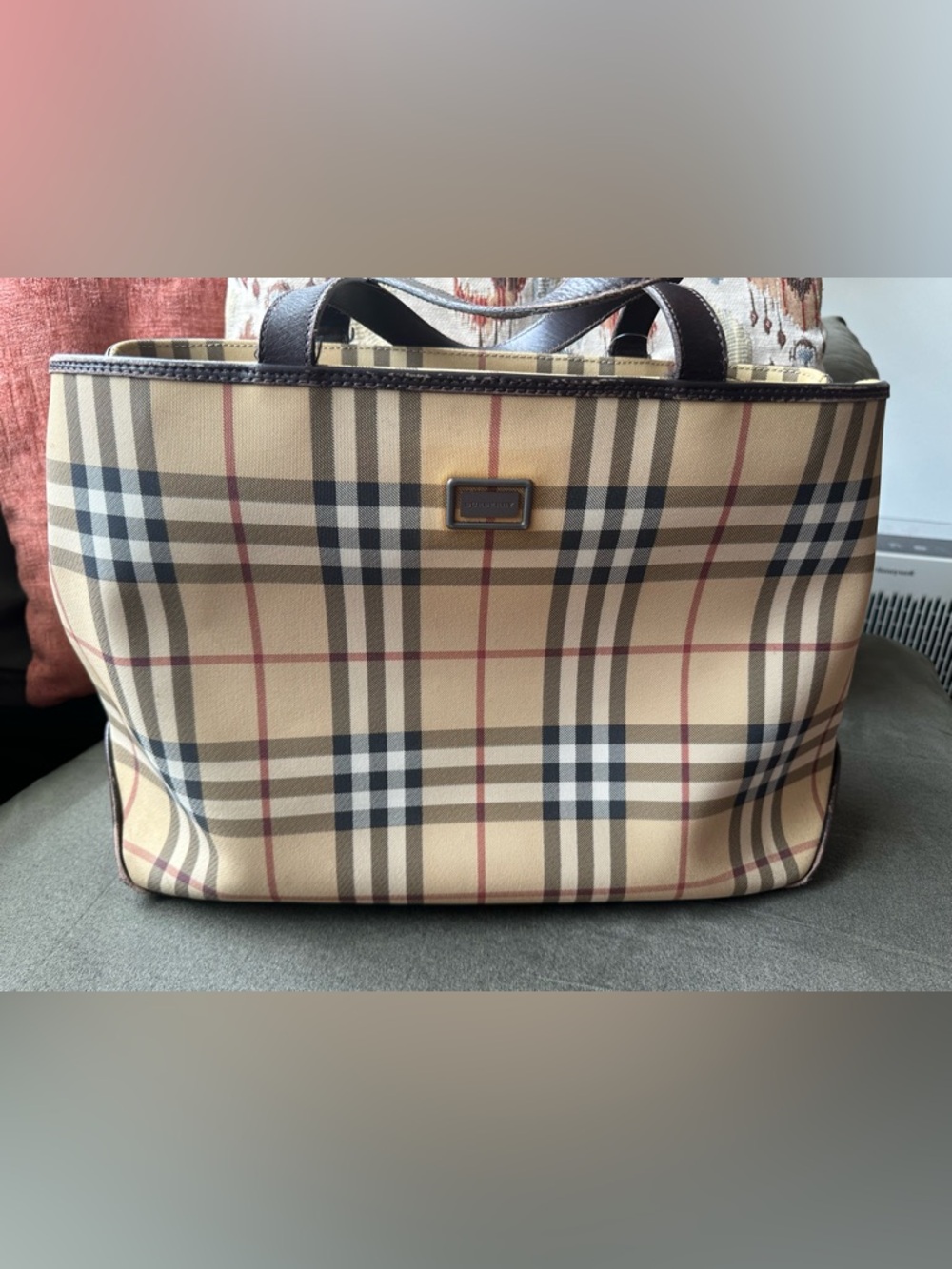 Authentic Burberry Beige Nova Check Handbag with Black and Red Accents